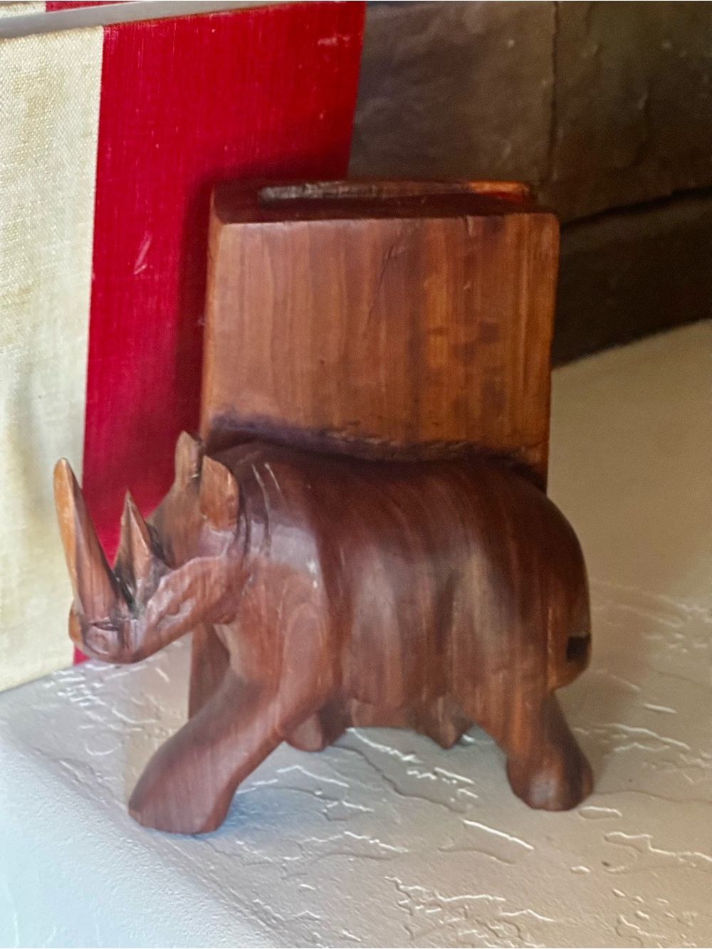 Rhinoceros Hand carved Vintage wood bookend (single) End is carved into a Book